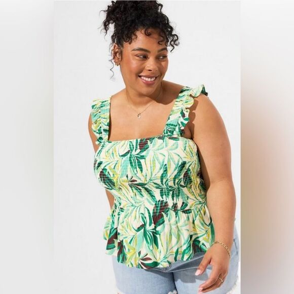 Torrid Green Tropical Floral Print Crinkle Gauze Smocked Tank Top - Picture 1 of 9